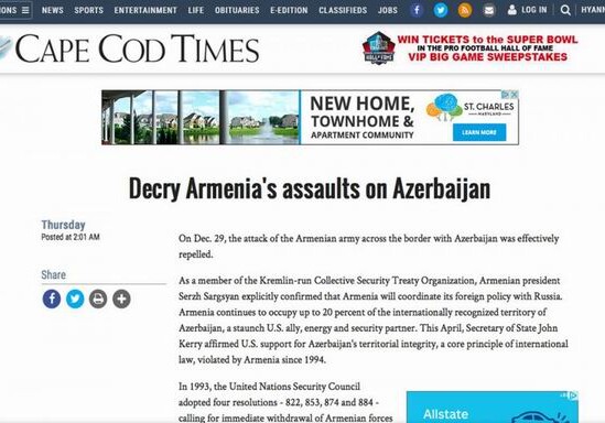 Cape Cod Times: Вооруженное нападение Армении должно быть осуждено