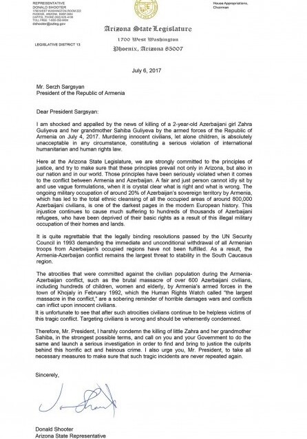 Убийство гражданских лиц неприемлемо – Открытое письмо члена Палаты представителей штата Аризона Сержу Саргсяну