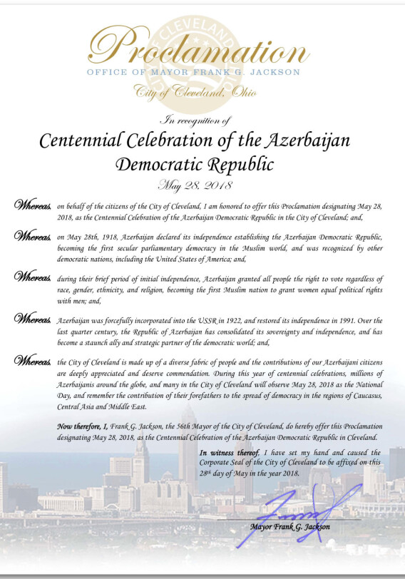 Мэр американского города Кливленд объявил 28 мая Днем Азербайджана (Фото)