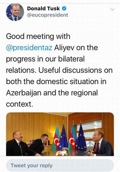 Представители ЕC распространили в Twitter сообщения о встрече Президента Ильхама Алиева с Дональдом Туском и парафировании документа «Приоритеты партнерства»