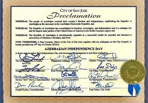 В американском городе Сан-Хосе 18 октября объявлен «Днем независимости Азербайджана»
