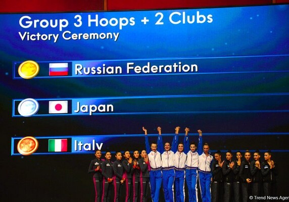 Россиянки заняли первое место в групповых упражнениях с тремя обручами и двумя парами булав на первенстве планете в Баку
