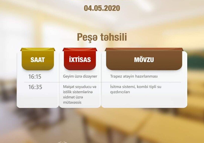 В Азербайджане опубликовано завтрашнее расписание телеуроков по профобразованию (Фото)